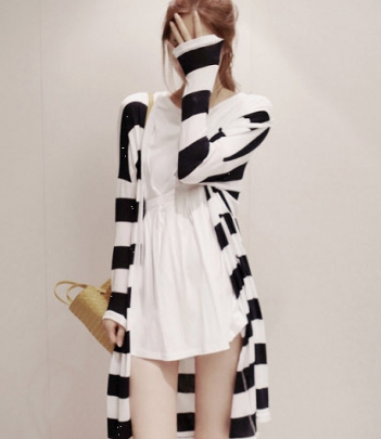 韩国服装网店代销 partysu粗条纹薄款针织开衫