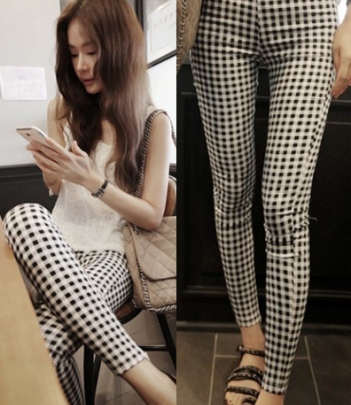 韩国服装网店代销 partysu黑白格子高腰小脚长裤