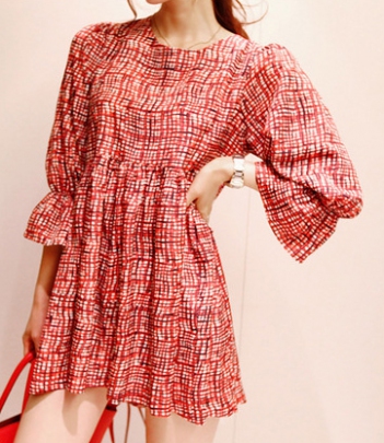 韩国服装网店代销partysu花朵袖宽松连衣裙