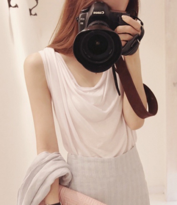 韩国女装批发 partysu极简风纯色褶皱无袖雪纺衫