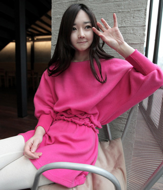 韩国服装代理 minsshop纯色木耳边连衣裙（2色）