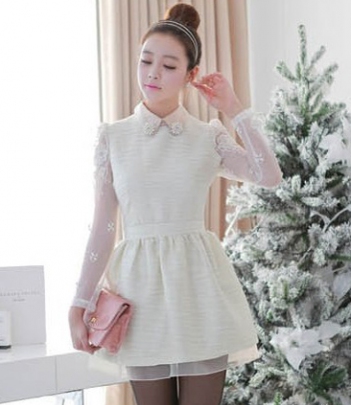 韩国女装代销 钉珠装饰蕾丝拼接公主连衣裙