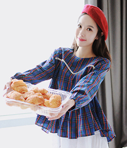 韩国服装网站代销soo-a格子收腰娃娃衫