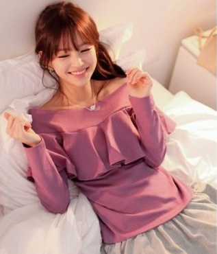 韩国服饰批发网店代理cherry-spoon露肩荷叶边修身T恤