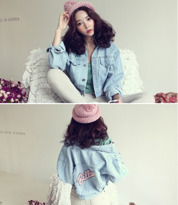 韩国女装网店代理 LA街拍风字母牛仔夹克