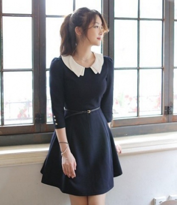 韩国服饰网站代理 fiona学院风腰带装饰连衣裙