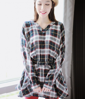 韩国女装代销 soo-a格纹露背连衣裙