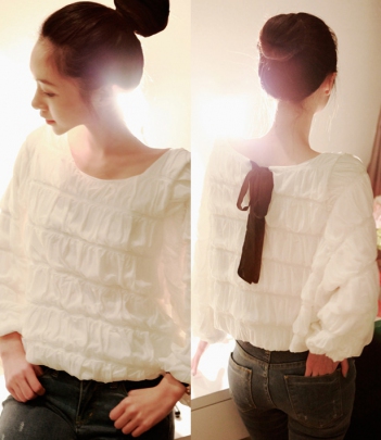 韩国女装网站代理soo-a蝴蝶结褶皱纯色T恤