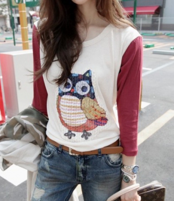 韩国品牌女装代销 partysu可爱猫头鹰T恤