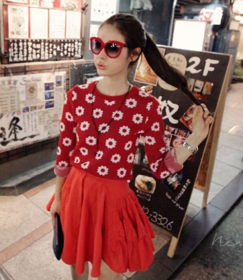 韩国服饰网站代理 partysu清新小花朵红色毛衣