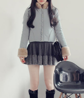 韩国服装网站 holicholic马卡龙色木耳边大毛领小棉衣（2色）