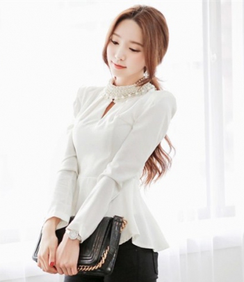 韩国女装热款 气质名媛风珍珠领收腰裙摆上衣