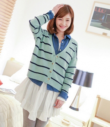 韩国服饰品牌网店代销 pinknbabi撞色条纹针织衫