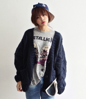 韩国女装代购naning9麻花编织大口袋宽松针织开衫（3色）