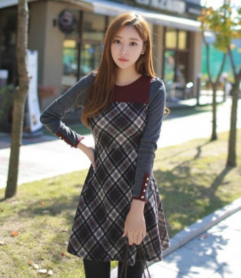 韩国女装品牌代理 cherrykoko拼色高腰菱形格纹连衣裙