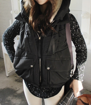 韩国服饰秋冬热款 pinkshirts纯色连帽保暖棉马夹（2色）