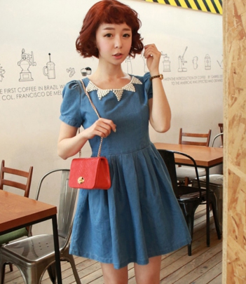 韩国女装网站代理QNG钉珠领高腰法式复古连衣裙