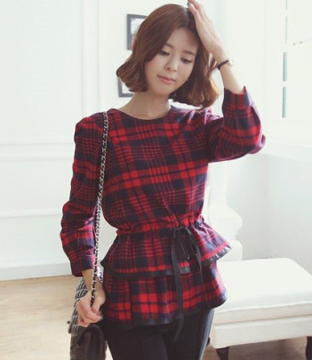 韩国女装批发babirolen收腰裙摆式格纹衬衫