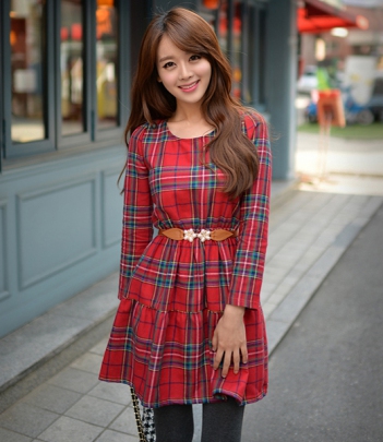 韩国服饰批发网店代理bongjashop珍珠花装饰收腰格纹连衣裙