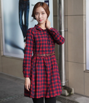 韩国女装代销小清新娃娃领格纹连衣裙