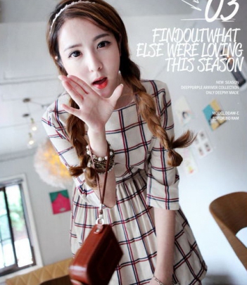 韩国正品女装网店代销大格纹收腰连衣裙