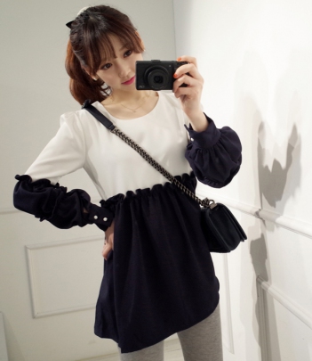 韩国女装网店代理minsshop木耳边撞色连衣裙