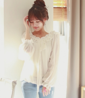 韩国品牌女装代销cherry-spoon木耳花边蝴蝶结薄透雪纺衫