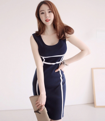 韩国女装网站代理bubbleandchic气质撞色修身背心连衣裙