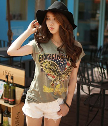 韩国服饰网 街拍风星条旗老鹰短袖T恤