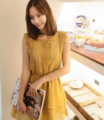 韩国女装批发 小清新勾花雪纺连衣裙