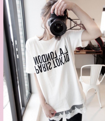 韩国服装网店代理 假两件蕾丝裙摆拼接字母中长款T恤