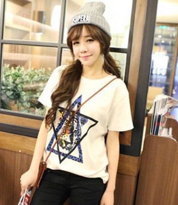 韩国女装网店代理街拍风星星虎头T恤