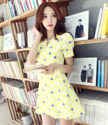 韩国服饰批发网店代理dabagirl撞色格纹米奇连衣裙