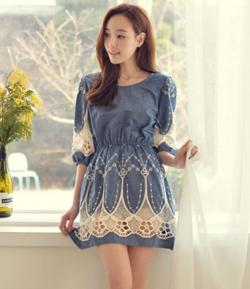 韩国品牌女装代销fiona蕾丝镂空花边收腰连衣裙