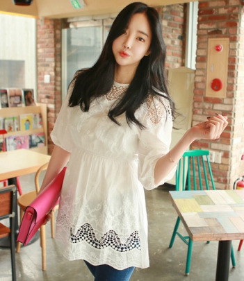 韩国服饰批发网店代理pinkygirl纯色勾花镂空连衣裙