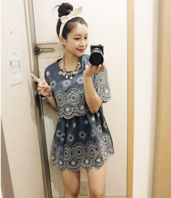 韩国服饰代理 attystory勾花镂空假两件连衣裙