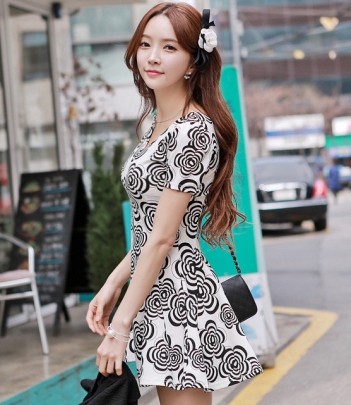 韩国女装批发 babinpumkin黑白大花修身连衣裙