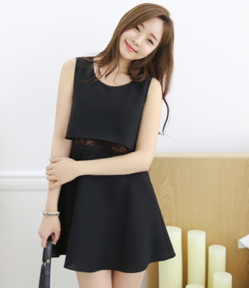 韩国女装新款 cherrykoko蕾丝拼接假两件连衣裙（小黑裙）