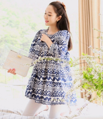 韩国网店代销 soo-a民俗风印花长款雪纺衫