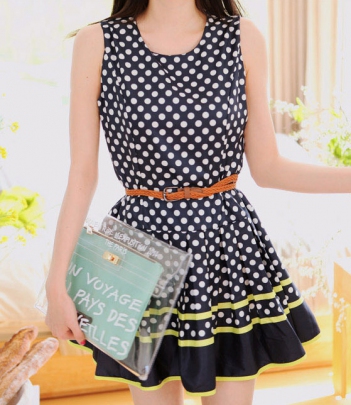 韩国服饰网 soo-a腰带装饰波点无袖连衣裙