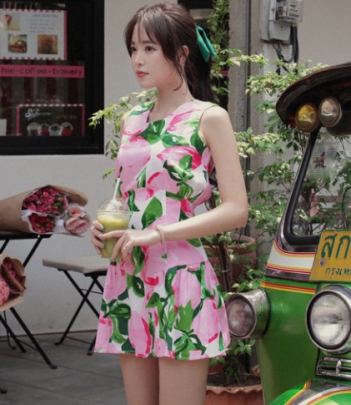 韩国女装春夏爆款 urcute浪漫蝴蝶结大花无袖连衣裙