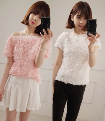韩国服装代理 minsshop立体玫瑰花朵蕾丝衫（2色）