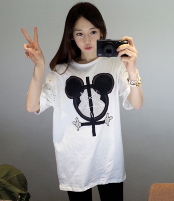 韩国服装网店代销 minsshop破洞星星米奇长款T恤