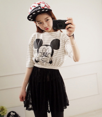 韩国女装新款 minsshop条纹米奇拼接蕾丝假两件连衣裙