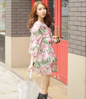 韩国正品代购批发 broncy浪漫大花收腰连帽雨衣