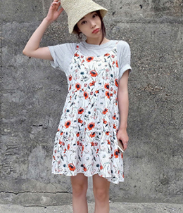 韩国女装代销 mocobling清新花朵高腰吊带连衣裙（2色）
