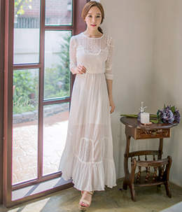 韩国女装正品代理 eranzi超仙蕾丝花边连衣长裙（2色）