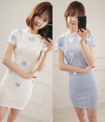 韩国女装批发 minsshop珍珠蝴蝶结修身连衣裙（2色）