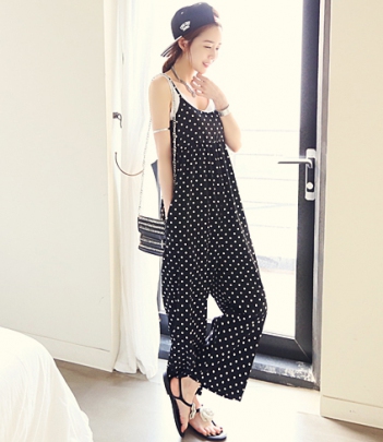 韩国女装代销 naning9复古波点高腰吊带连衣裤