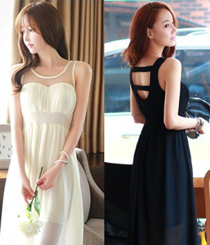 韩国服饰批发 attrangs透肤拼接款露背高腰中长款连衣裙（2色）